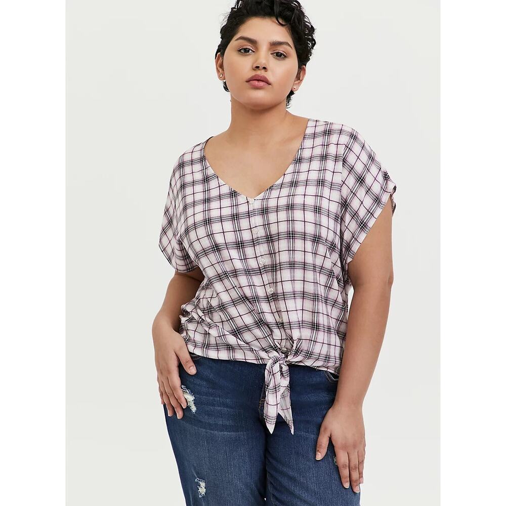 Torrid Purple Plaid Challis Tie Fromt Midi Dolman Blouse Size 1 1X